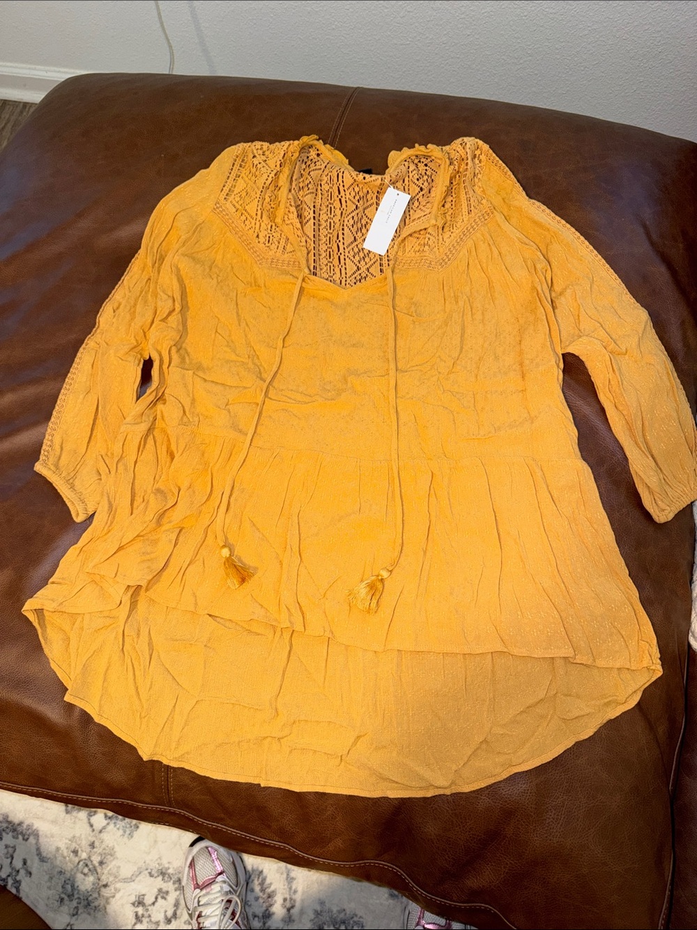 American Eagle Outfitters Mustard Crochet Yoke Peasant Tunic